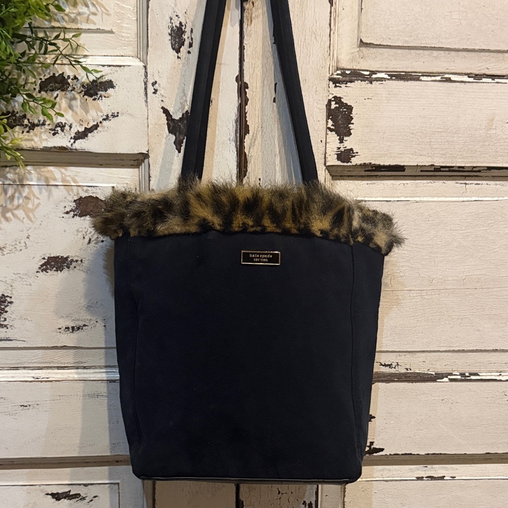 kate spade black everything Eva tote with leopard faux fur trim